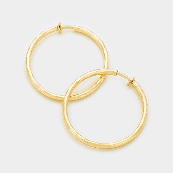Clip on 1 1/4 gold hammered spring back hoop earrings - Picture 1 of 1